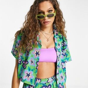 ASOS COLLUSION floral print cropped linen beach shirt in green